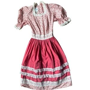 Vintage 1970's  Little Girls' Prairie Dress/ Pink and White -Size 7